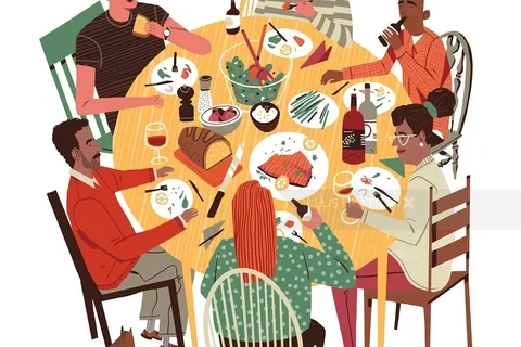 graphic of a group of friends sitting around a dinner table 