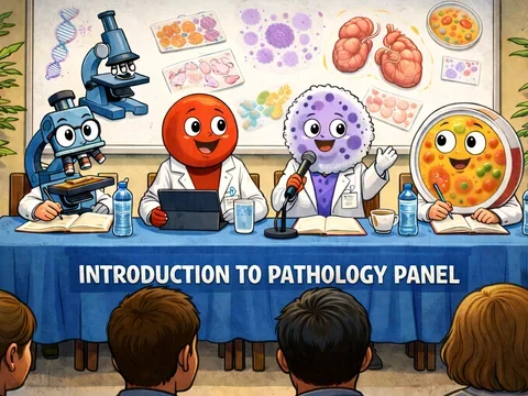 Colorful cartoon illustration showing a pathology-themed lunch panel. The panelists are all cartoon characters and, from left to right, include a microscope writing with a pencil, a smiling red blood cell with an iPad, a cell speaking into a microphone, and a petri dish also writing with a pencil. All of the characters are in white coats. The audience comprises of four human students.