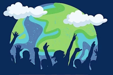 Illustration of people in front of globe